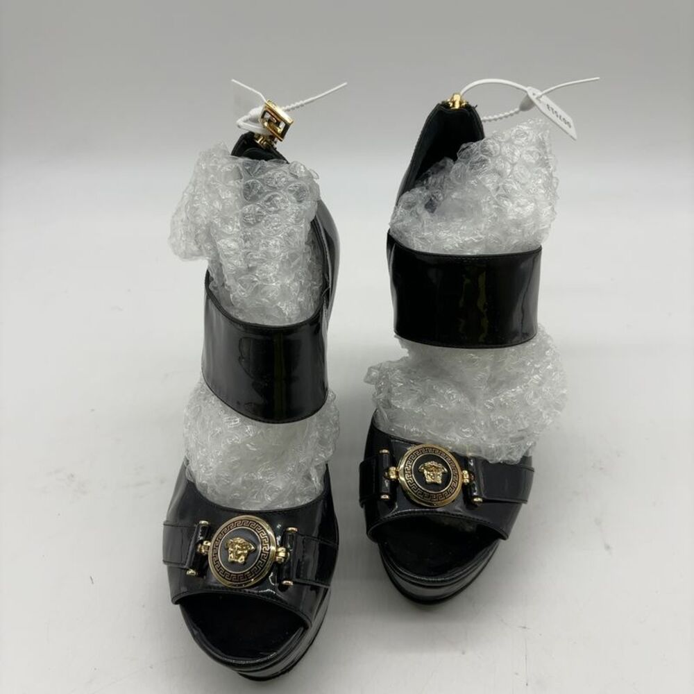 Versace Glossy Black Wedge Sandals